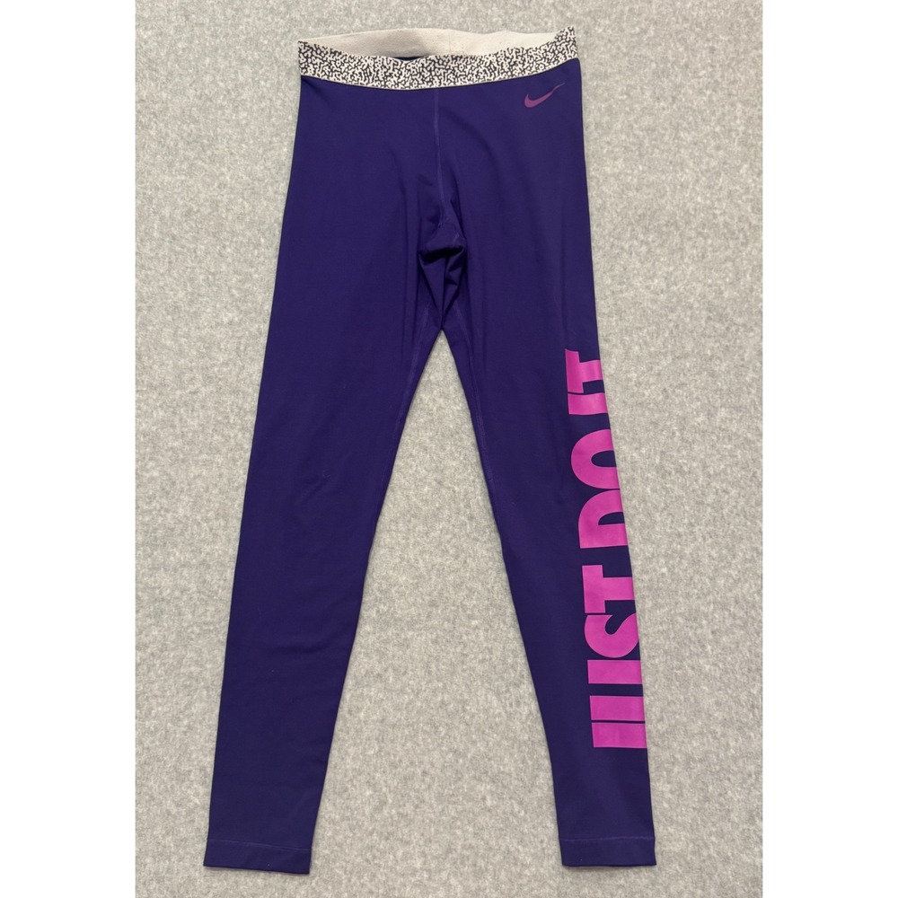 Nike Pro Dri-FIT Womens Purple Just Do It‎ Graphic Leggings Medium Pink Logo